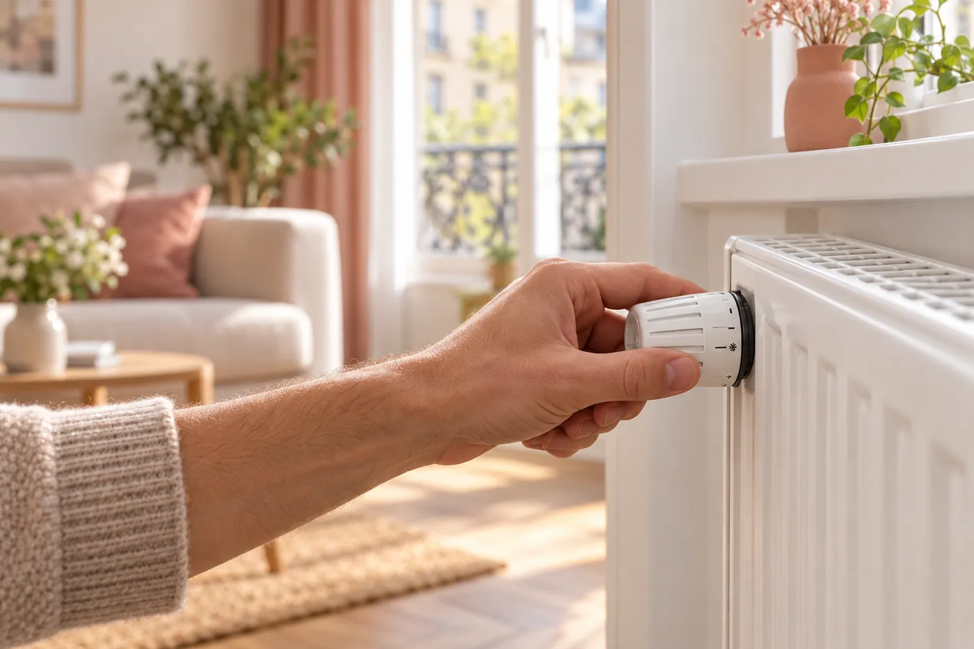Réglage d'un robinet thermostatique sur un radiateur blanc, sous une fenêtre